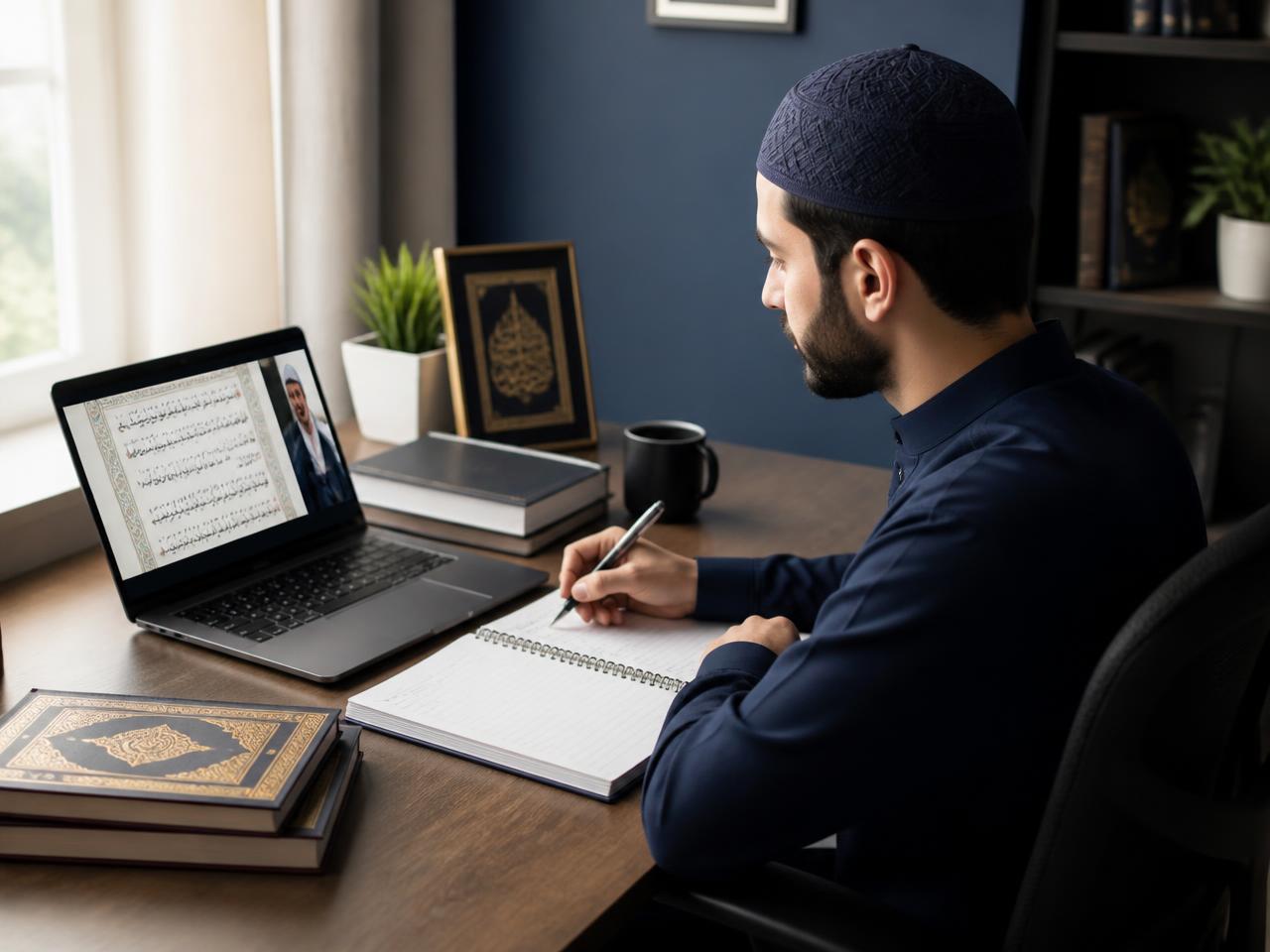 Adult student attending an online Quran lesson with a teacher on a laptop