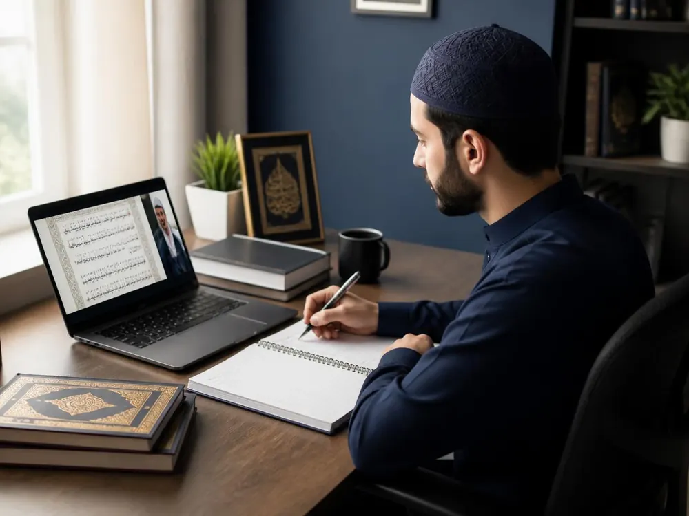 Adult student attending an online Quran lesson with a teacher on a laptop